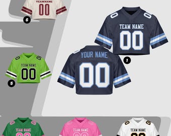 Custom Football Jersey Crop Tops for Women, Personalized Team Name Number Girls Streetwear, Navy White Light Blue Cropped Jerseys Shirts