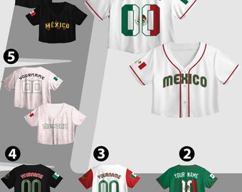 Mexico Baseball Jersey Crop Top Custom Name Number, Personalized Mexican Flag Team Uniform Shirts for Women, Green White Cropped Jerseys