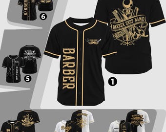 Barber Baseball Jersey, Personalized Name Number Logo Black Gold Hairdresser Shirt, Stylish Uniform Men Women Youth Kids, Gift for Barbers