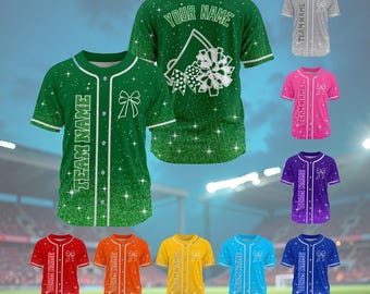 Camiseta de béisbol verde brillante personalizada, camiseta de porristas con nombre, número y logo del equipo personalizados, brillo estampado, camiseta de porristas con brillo simulado