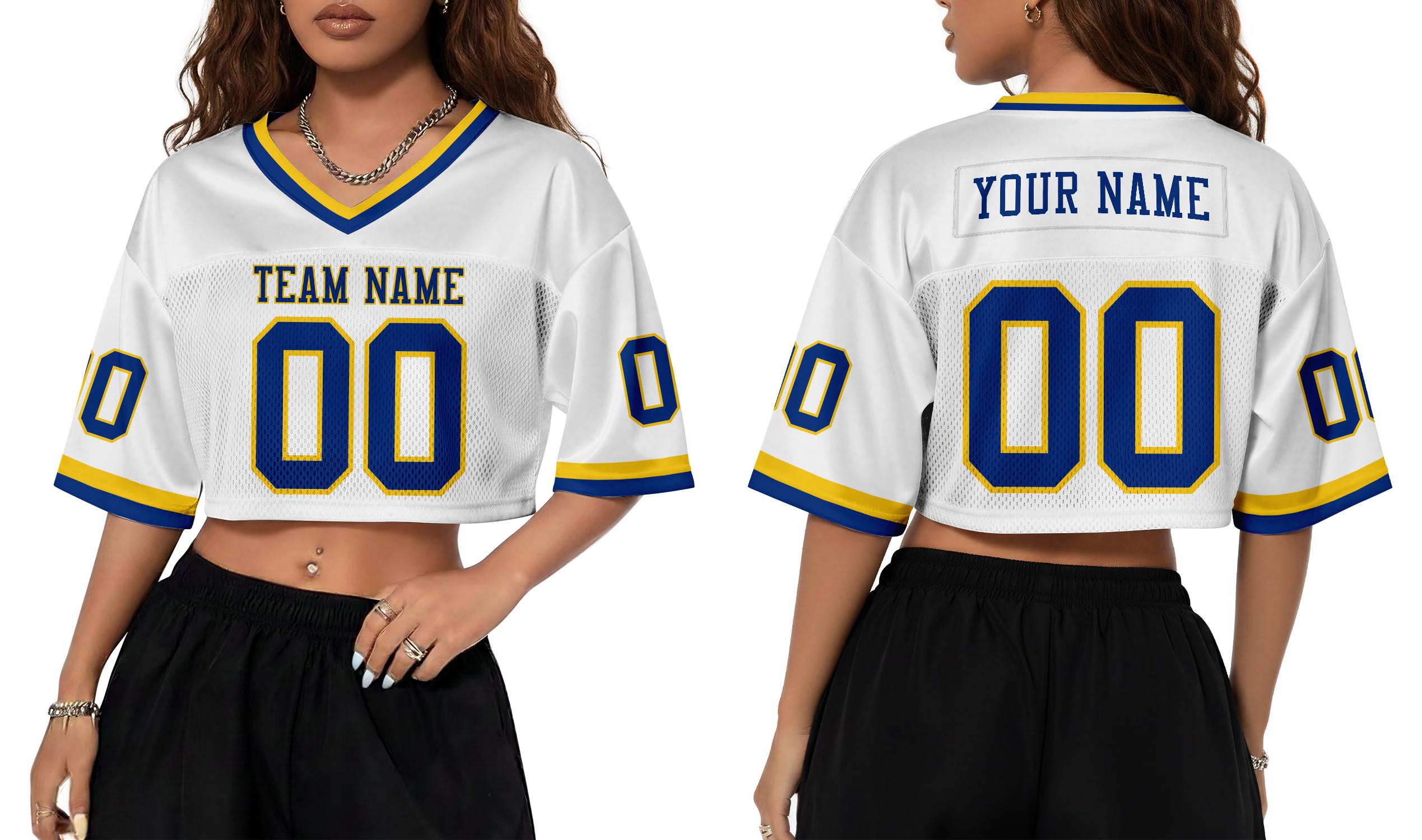 Custom Name Number Logo Cropped Navy White Football Jersey for