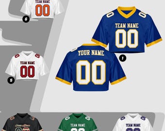 Custom Name Number Logo Cropped Blue Yellow Football Jersey for Women, Personalized Mesh Jersey Cheer Crop Top, Football Jersey for Girls