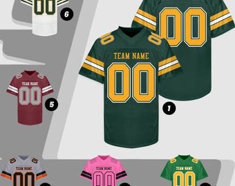 Camiseta de fútbol personalizada para hombre, mujer, joven y niño, color verde oscuro y dorado, con nombre, número y logotipo impresos, uniforme deportivo para practicar.