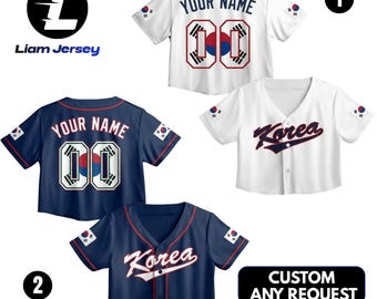 Camiseta corta de béisbol de Corea con nombre y número personalizados, camisetas de uniforme del equipo coreano con la bandera personalizada para mujer, camisetas cortas azul marino y blancas.