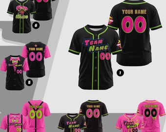 Camiseta de béisbol personalizada con rayas rosas y negras para hombre, mujer y joven, con texto y logotipo de animal para fiestas, verde, rosa y negra.