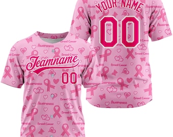 Custom Pink Breast Cancer Baseball Jersey Name Number Logo, Cancer Survivor Pink Baseball Jersey, Pink Ribbon Breast Cancer Support Gift