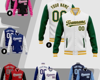 May include: A collection of varsity jackets in various color combinations. Each jacket features a contrasting body and sleeves, with text that reads "Your Name", "Teamname", and the number "00". The jackets are displayed against a neutral background.