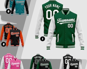 May include: A collection of letterman jackets in various colors, including green, black, pink, and orange. Each jacket features white sleeves, a ribbed collar and cuffs, and the option to customize with a team name and number. The back of the jackets display "YOUR NAME" and a number.