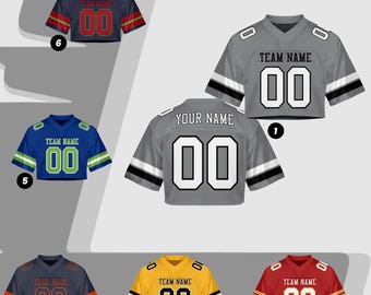 Custom Football Jersey Crop Tops for Women, Personalized Team Name Number Girls Streetwear Grey Black White Cropped Jerseys Shirts