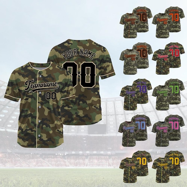 Custom Camouflage Baseball Jersey Men Women Youth Kids, Personalized Team Name, Number, Logo, Green Camo Button Down Shirt, Veterans Gifts