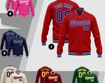 May include: A collection of letterman jackets in various colors, including red, navy, maroon, green, pink, and cream. Each jacket features the text "YOUR NAME", "Teamname", and the number "00". The jackets have striped cuffs and collars.