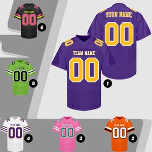 May include: A collection of six football jerseys in various colors, including purple, orange, pink, green, black, and white. Each jersey features the number "00" and the text "TEAM NAME" or "YOUR NAME".