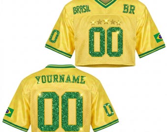 Camiseta de fútbol de Brasil personalizada para mujer, top corto de malla con nombre y número impresos con purpurina, camiseta de fútbol verde y amarilla, camiseta de Brasil