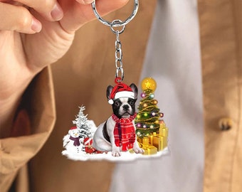 Porte-clés bouledogue français, bouledogue noir blanc avec bonhomme de neige pin joyeux Noël porte-clés acrylique, porte-clés mignon pour animaux de compagnie, cadeau pour les amoureux des chiens