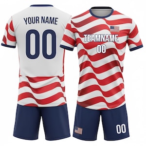 May include: A soccer uniform set featuring a white and red striped jersey with the text "TEAMNAME" and the number "00". The shorts are navy blue. The jersey on the back has the text "YOUR NAME" and the number "00".