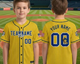 Custom Yellow Banana Baseball Jersey Youth Men Women Kids, Custom Yellow Blue Pinstripe Baseball Jersey Name Number Logo Face Shirts