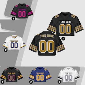 May include: A collection of cropped football jerseys in various colors, including black, white, and blue. Each jersey features a team name, the number "00", and contrasting stripes on the sleeves. Some jerseys have gold or pink accents.