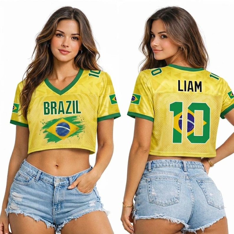 Camiseta de fútbol de Brasil personalizada para mujer, top corto de malla con nombre y número impresos con purpurina, camiseta de fútbol verde y amarilla, camiseta de Brasil imagen 10