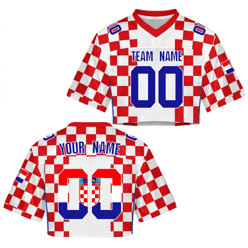 May include: Cropped white and red checkered jersey with blue numbers and text. The jersey features the text "TEAM NAME" and "00" on the front, and "YOUR NAME" and "00" on the back. The Croatian flag is also visible.