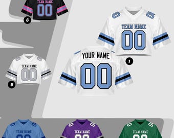 Custom Name Number Logo Cropped White Blue Black Football Jersey for Women, Personalized Mesh Cheerleading Crop Top, Football Jersey Girls