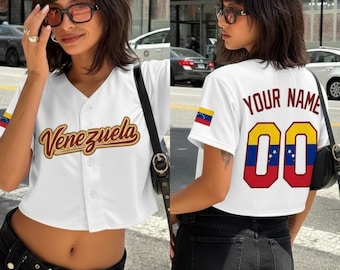 Venezuela Baseball Jersey Crop Top Custom Name Number, Personalized Venezuela Flag Team Uniform Shirts for Women, Navy White Cropped Jerseys