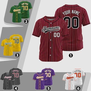 May include: Baseball jerseys in various colors, including maroon, green, yellow, black, purple, and white. Each jersey features a team name, number 00, and the option for a personalized name on the back. The jerseys have vertical stripes.