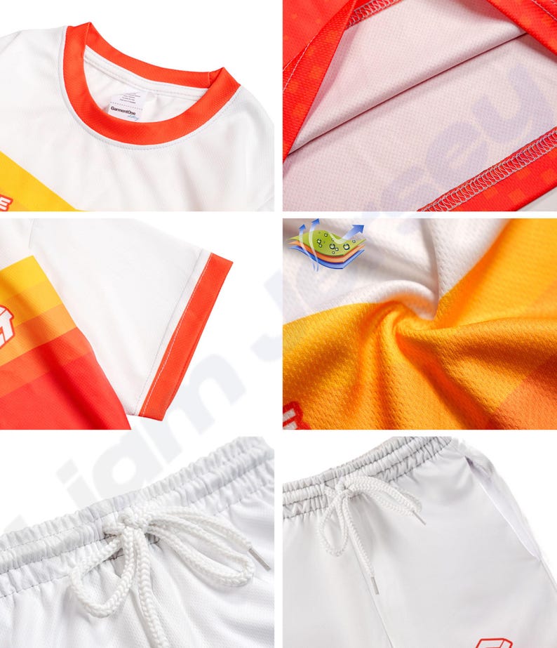 Op de afbeelding: Close-up shots van een wit atletisch shirt met oranje en gele accenten, en witte atletische shorts. Het shirt heeft oranje afwerking op de kraag en mouwen. De shorts hebben een tailleband met trekkoord. De stof lijkt een ademend, atletisch materiaal te zijn.