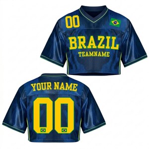 Camiseta de fútbol de Brasil personalizada para mujer, top corto de malla con nombre y número impresos con purpurina, camiseta de fútbol verde y amarilla, camiseta de Brasil Style 7
