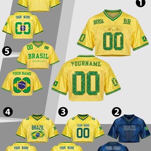 Camiseta de fútbol de Brasil personalizada para mujer, top corto de malla con nombre y número impresos con purpurina, camiseta de fútbol verde y amarilla, camiseta de Brasil imagen 2
