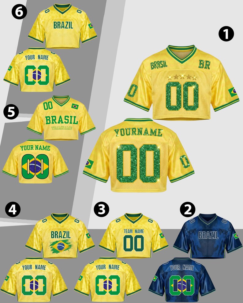 Camiseta de fútbol de Brasil personalizada para mujer, top corto de malla con nombre y número impresos con purpurina, camiseta de fútbol verde y amarilla, camiseta de Brasil imagen 2