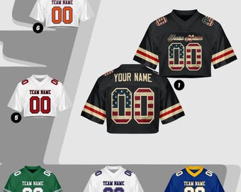 Custom Name Number Logo Cropped Black USA Flag Football Jersey for Women, Personalized Mesh Jersey Cheer Crop Top, Football Jersey for Girls