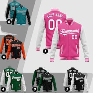May include: A collection of letterman jackets in various colors, including pink, black, green, and teal. Each jacket features white sleeves, striped cuffs, and the option to customize with a name and number. The jackets are displayed with the text "YOUR NAME" and "Teamname 00".