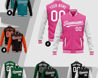 May include: A collection of letterman jackets in various colors, including pink, black, green, and teal. Each jacket features white sleeves, striped cuffs, and the option to customize with a name and number. The jackets are displayed with the text "YOUR NAME" and "Teamname 00".