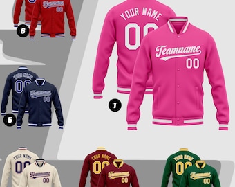May include: A collection of varsity jackets in various colors, including red, pink, navy, cream, maroon, and green. Each jacket features the text "YOUR NAME" and "Teamname 00" in contrasting colors. The jackets have striped cuffs and hems.