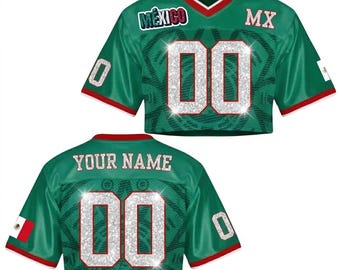 Camiseta de fútbol mexicana personalizada para mujer, top corto de malla con nombre y número impresos con purpurina, camiseta de fútbol verde y blanca, camiseta mexicana