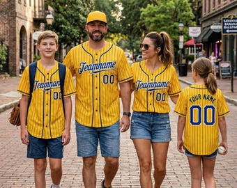Custom Yellow Pinstripe Baseball Jersey, Personalized Name Number and Logo, Team Sportswear Gift Youth Kids Men Women
