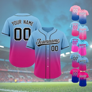Personalized Gradient Baseball Jersey, Custom Name Team name Shirt, Gift for Baseball Lover, Jersey Shirt for Adult Kids Youth Blue Pink