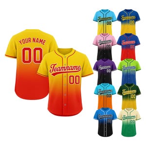 Personalized Gradient Baseball Jersey, Custom Name Team name Shirt, Gift for Baseball Lover, Jersey Shirt for Adults Kids Youth Red Yellow