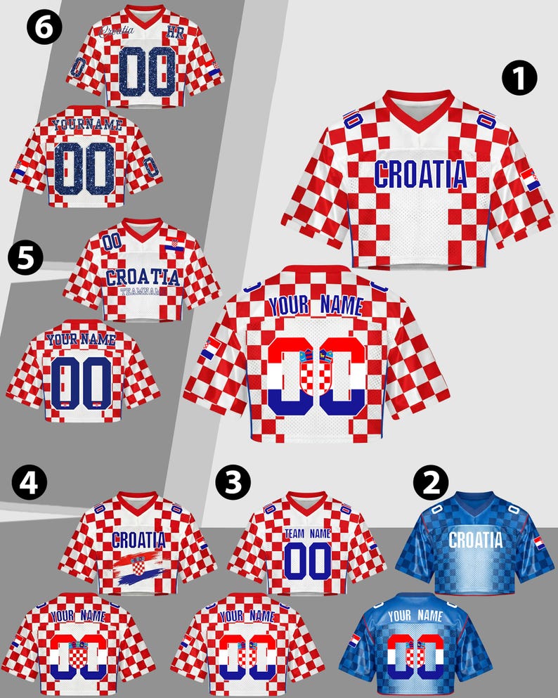 May include: A collection of Croatia-themed sports jerseys. The jerseys feature a red and white checkered pattern, with some in blue. Each jersey has the word "Croatia", a number "00", or space for a custom name. The jerseys are short-sleeved.