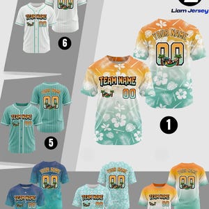 May include: A collection of short-sleeve button-down baseball jerseys featuring various color gradients and tropical floral patterns. Each jersey displays the text TEAM NAME, YOUR NAME, and the number 00, along with a graphic of a character in a hammock.