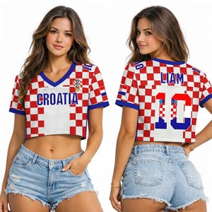 Custom Croatia Football Jersey for Women, Personalized Glitter Printed Name Number Mesh Crop Top, Red White Soccer Jersey, Croatia Shirt image 3
