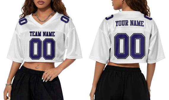 Custom Name Number Logo Cropped Purple White Football Jersey for