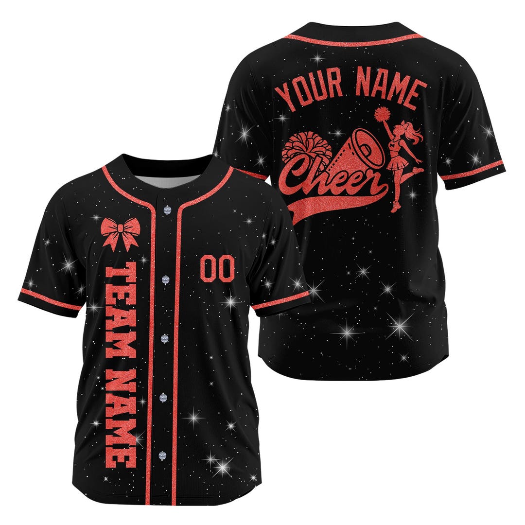 Personalized Black Red Glitter Cheer Baseball Jersey Men Women Youth ...