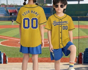 Custom Yellow Banana Baseball Jersey Youth Kids Women Men, Custom Yellow Blue Pinstripe Baseball Jersey Name Number Logo Face Shirts