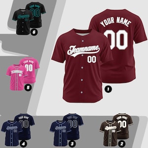 May include: Baseball jerseys in various colors, including maroon, black, navy, and brown. Each jersey features a team name and number on the front and a name and number on the back. The jerseys have button-up fronts and short sleeves.