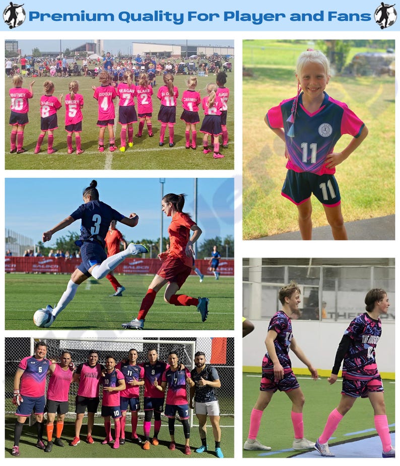 Op de afbeelding: Een collage van afbeeldingen met voetballers en fans. De afbeeldingen tonen een team van jonge meisjes in roze shirts, actiebeelden van spelers op het veld en een groep mensen in bijpassende uniformen. De tekst "Premium Quality For Player and Fans" staat bovenaan.
