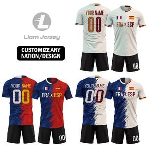 May include: Customizable soccer jersey and shorts sets featuring the flags of France and Spain with the text FRA x ESP. The designs include white, red, and blue color schemes with patterns, player names, and the number 00 on the back and shorts.
