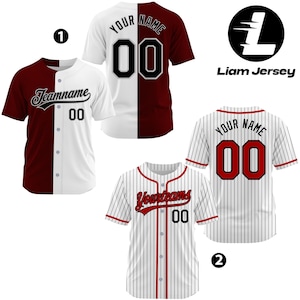 May include: Baseball jerseys in white, burgundy, and pinstripe designs. One jersey has "Teamname" and "00", another has "Your Name" and "00". The logo "Liam Jersey" is also visible.