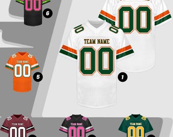 Custom White Football Jersey Men Women Youth, White Green Orange Rattler Football Shirt Name Number Logo, Hurricane Miami Football Jersey