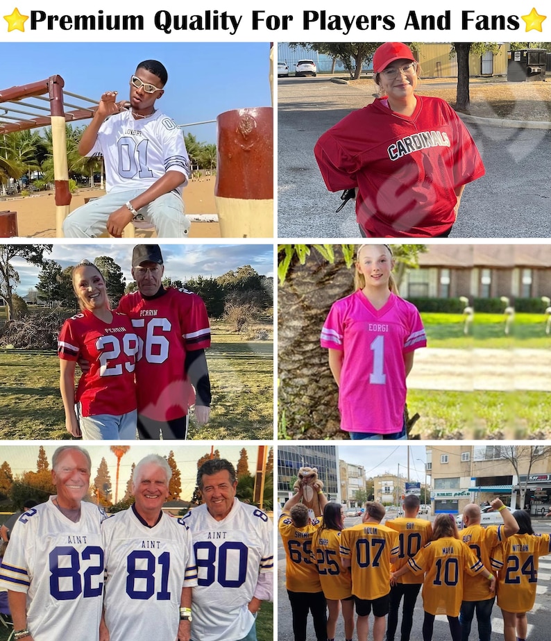 Puede incluir: Un collage de personas con camisetas de f&uacute;tbol americano. Las camisetas son blancas, rojas, rosas y doradas, con varios n&uacute;meros y nombres de equipos. El texto en la parte superior dice "Premium Quality For Players And Fans."